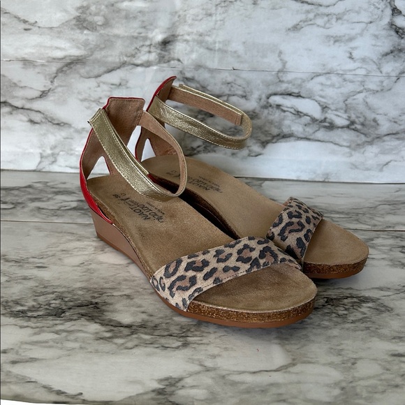 NAOT | women’s size 7 38 Pixie Sandal leather cheetah, red and gold adjustable - Picture 1 of 10